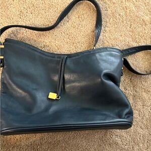 “Jane Shilton” Black Leather Shoulder Bag with Gold Detail